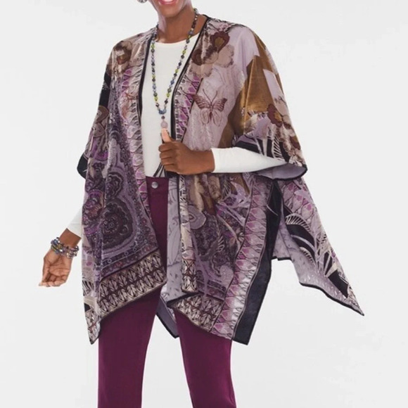 NWT Chicos Velvet Ruana Floral Butterfly Wrap New - Picture 2 of 14